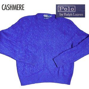 vintage Polo Ralph Lauren thick cable knit 100% cashmere sweater, blue, M-L